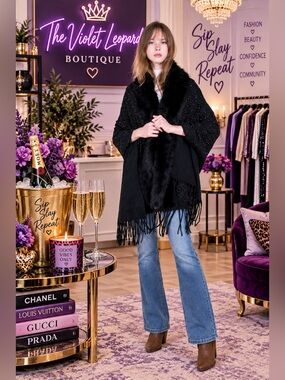 Original USA Black Faux-Fur Trim Sparkle Fringe Wrap Shawl